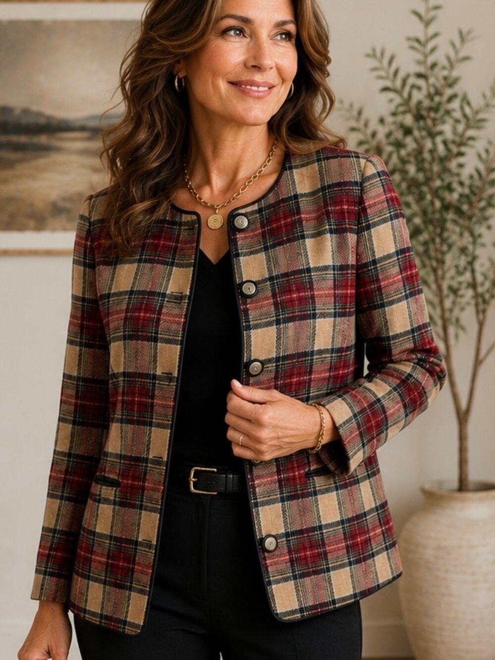 Talbots Petites Plaid Wool Blend Jacket Women’s Red Tan Black Button Front Sz 8P